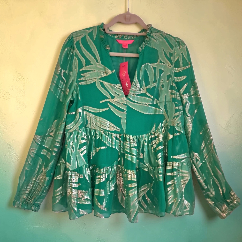 Lilly Pulitzer NWT Sarita Silk Top Green Palm Leaf Metallic Gold Sz 10